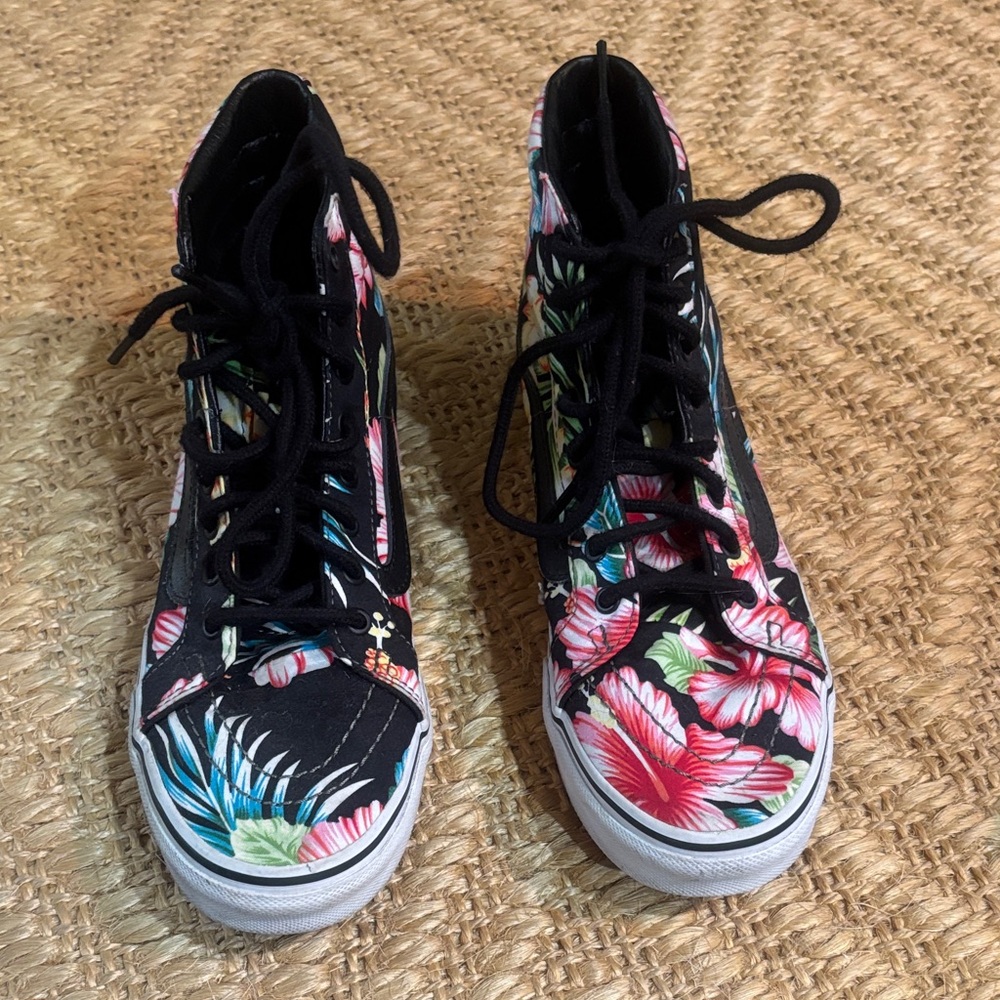 Vans Black and Pink Floral High-Tops